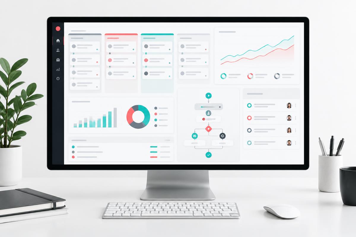 Outil métier avec CRM, tableaux de bord et automatisations sur un écran