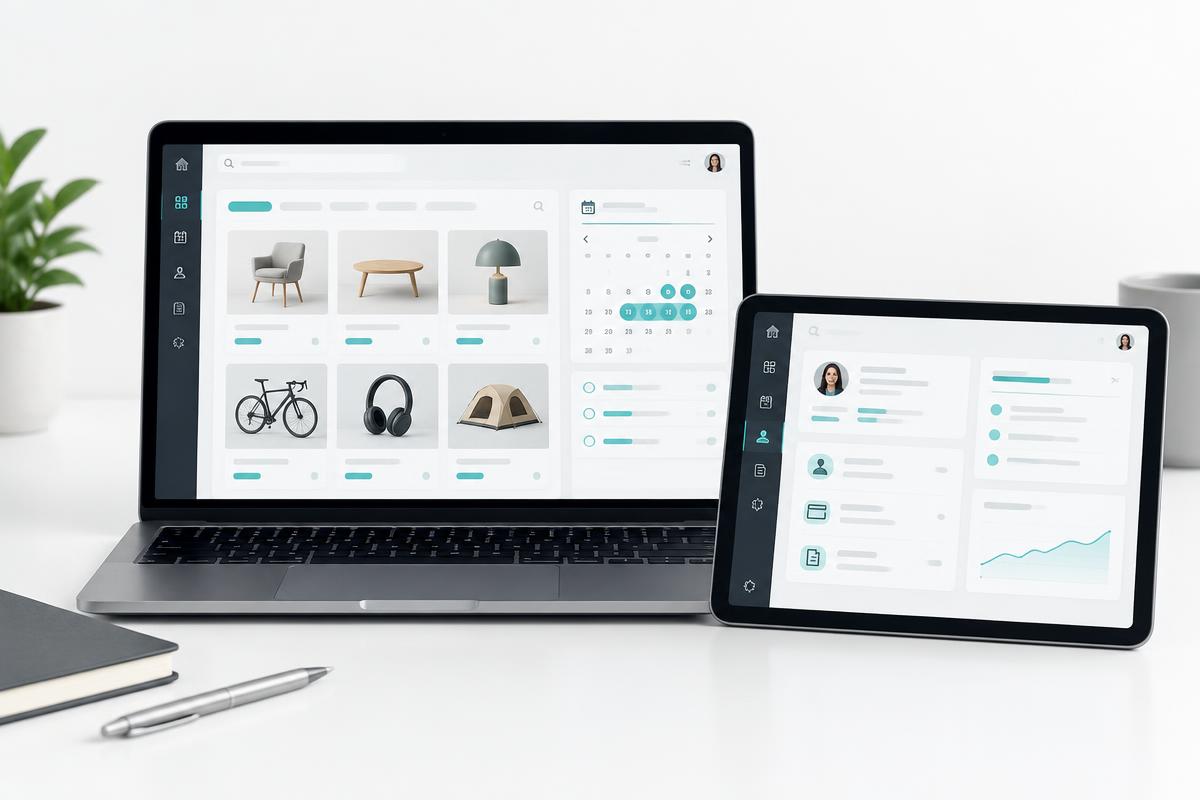 Portail client avec catalogue, réservation et espace personnel sur ordinateur et tablette