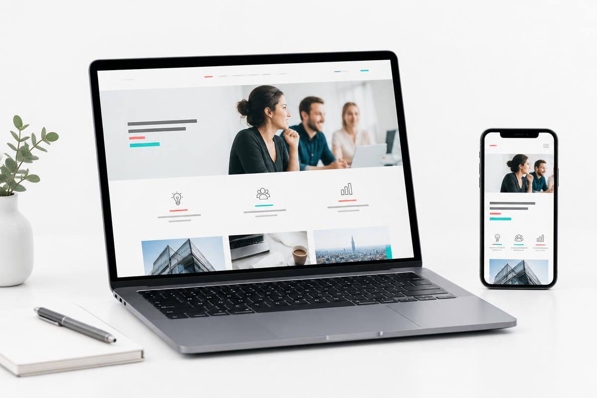 Site internet professionnel affiché sur un ordinateur portable et un smartphone