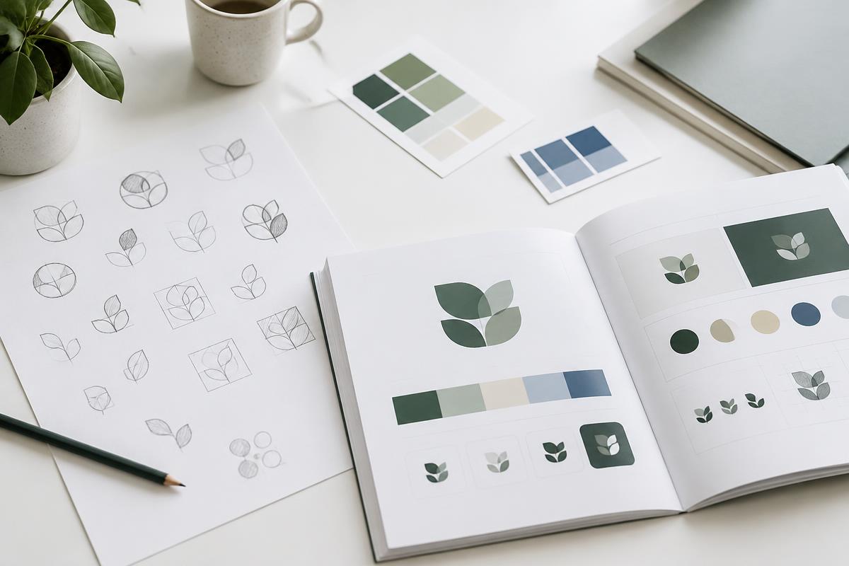 Recherches de logo, nuancier et charte graphique sur un bureau clair