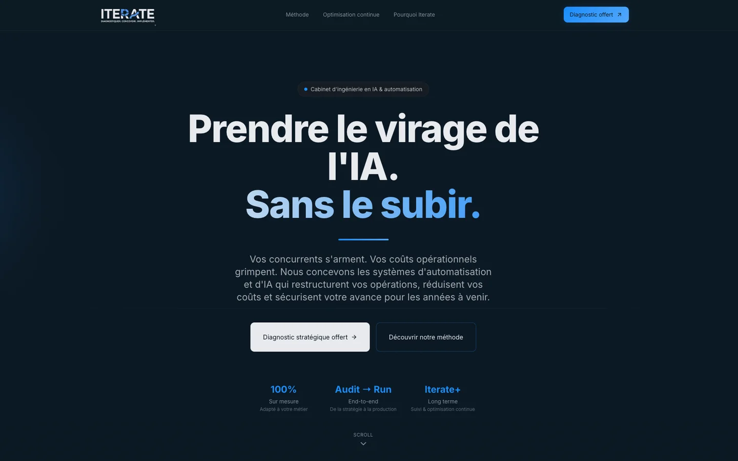 Page d'accueil du site sombre du cabinet Iterate