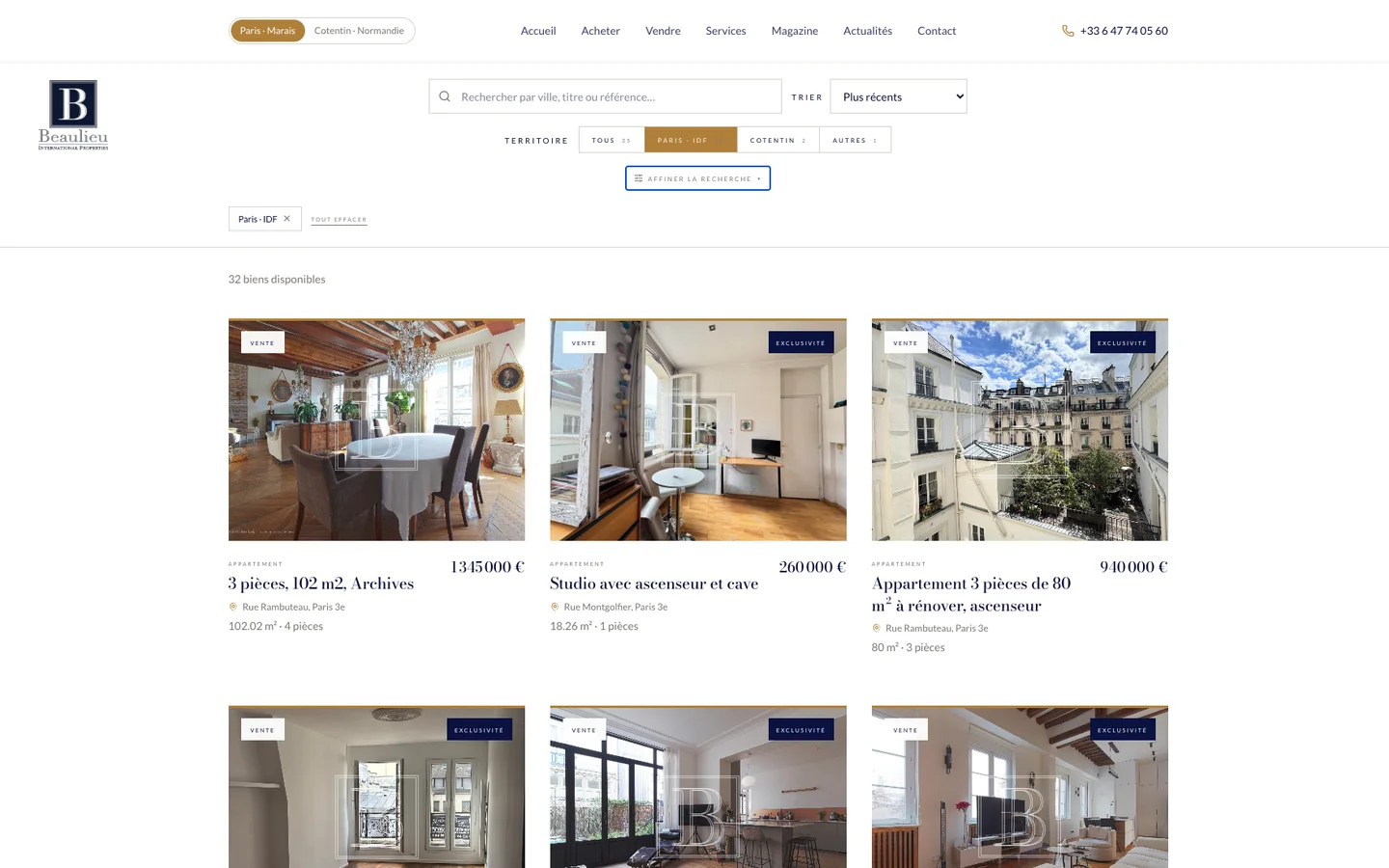 Page de recherche de biens du site Beaulieu International Properties
